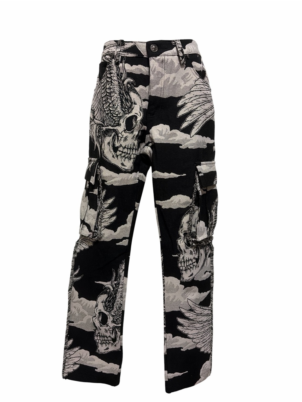 Rebel Vengeance Sz 28 Skull Wing Cargo Pants Black White Tapestry Jacquard Y2K
